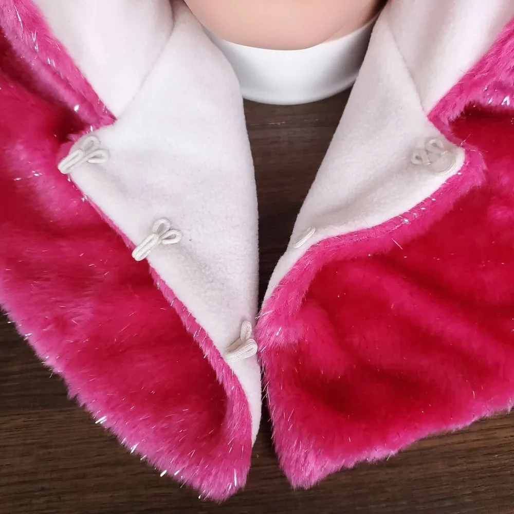 Pink Fur Hooded Cape‎ Youth Kids Silver Lurex White Fleece Lined Costume New